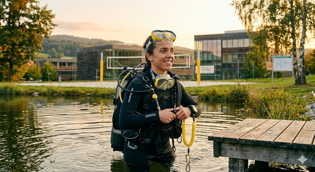 Person mit Taucherausrüstung beim Scuba Diving Hagenberg vor Trainingsbeginn