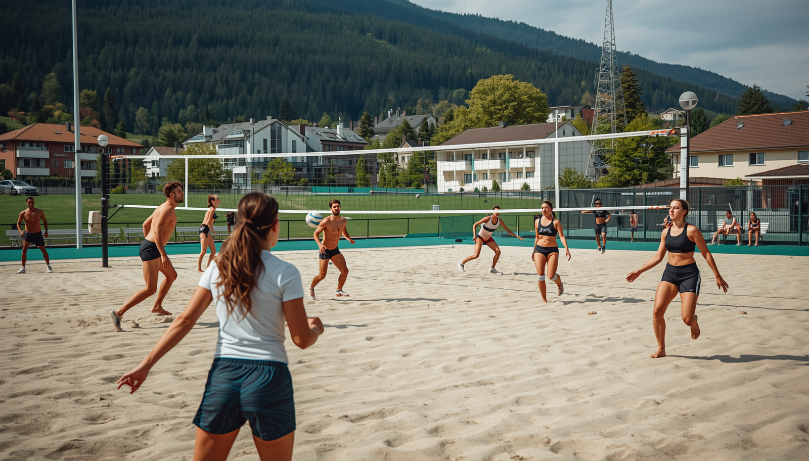 Junge Menschen beim Beachvolleyball Hagenberg auf einem Sandplatz.