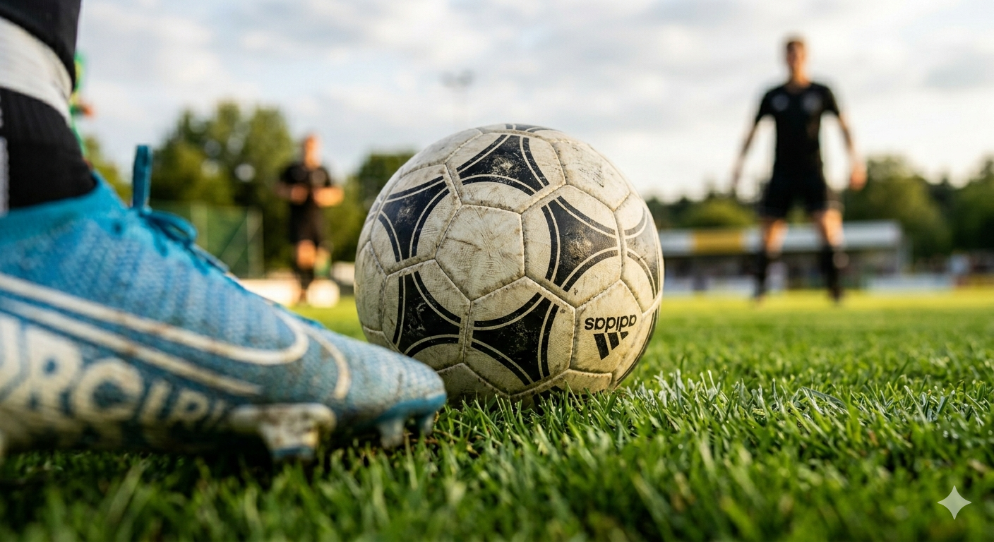 Fußball in Nahaufnahme auf dem Spielfeld von Fussball Hagenberg mit Spielern im Hintergrund.
