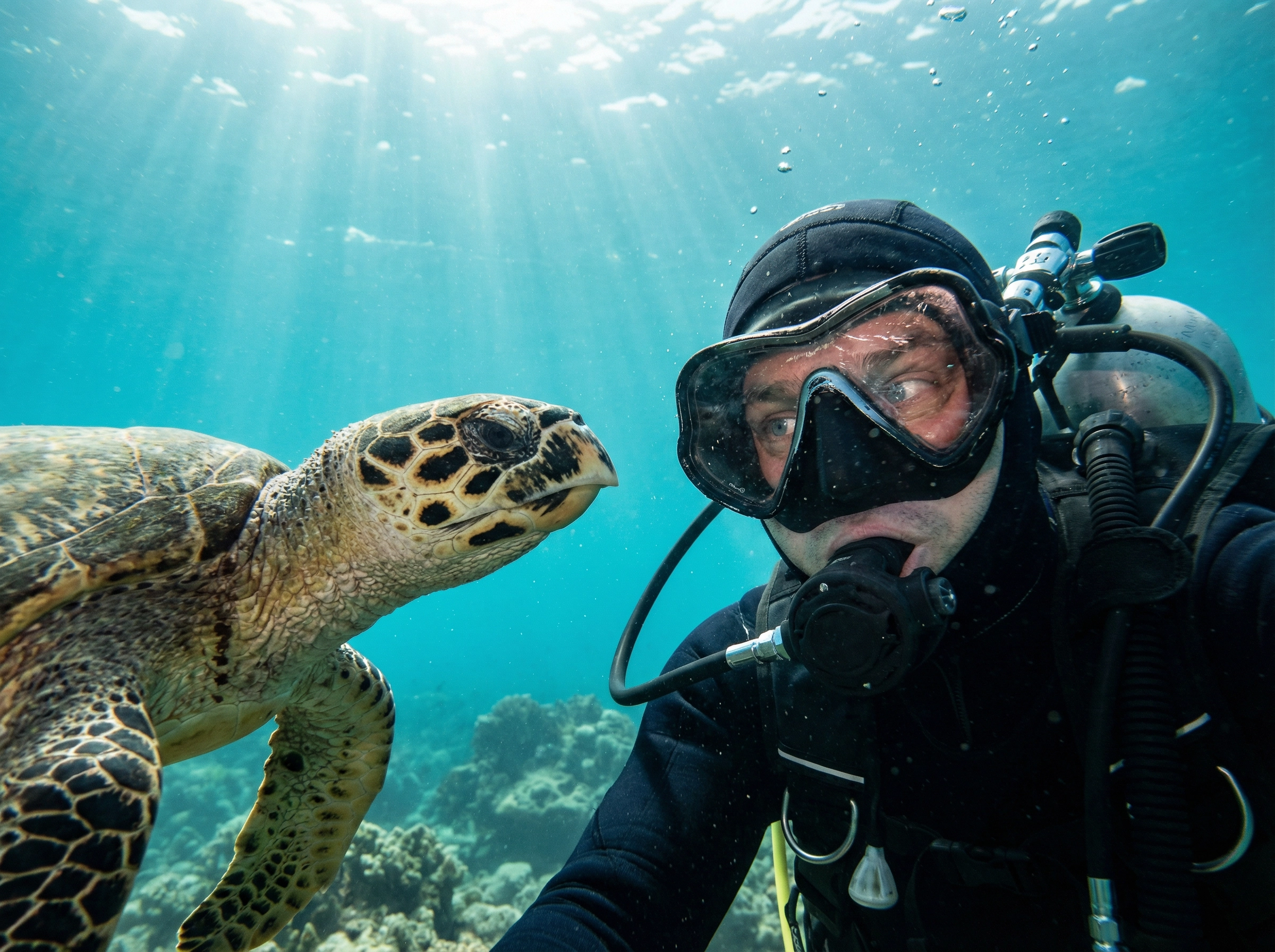 Faszinierendes Scuba Diving Hagenberg: Taucher begegnet einer Schildkröte im lichtdurchfluteten Wasser – ein Highlight im lokalen Sportangebot Hagenberg.