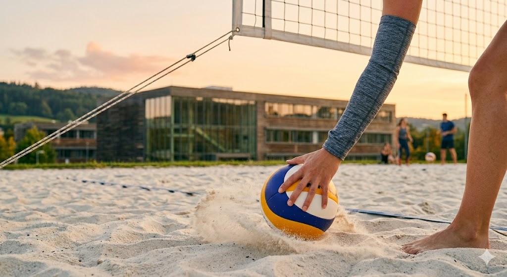 Spieler platziert Volleyball im Sandfeld beim Beachvolleyball Hagenberg mit Netz und Sportanlage im Hintergrund