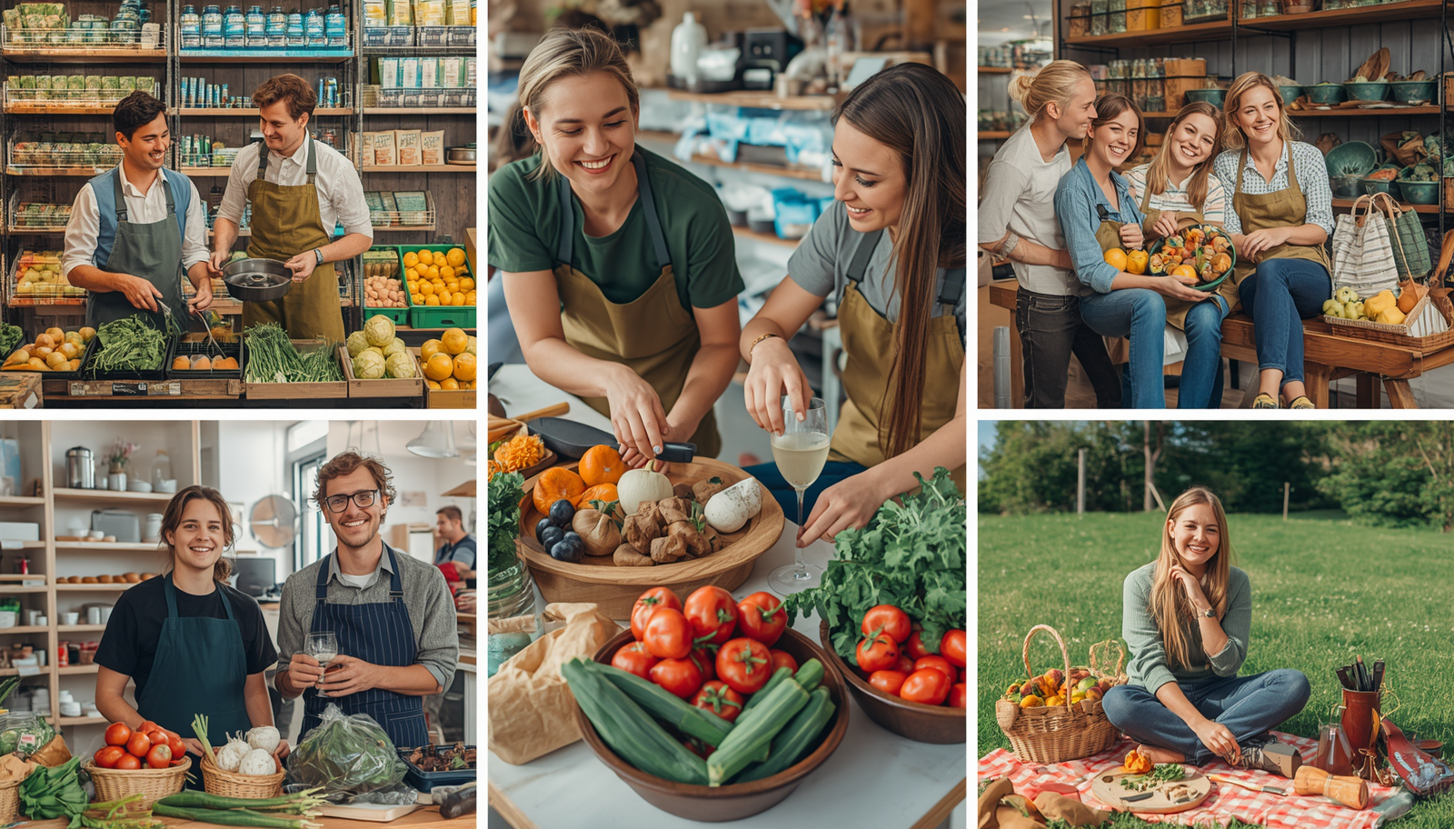 Collage von Menschen beim Einkaufen, Kochen und Genießen regionaler Lebensmittel in Hagenberg als Teil eines aktiven Lebensstils im Sportangebot Hagenberg