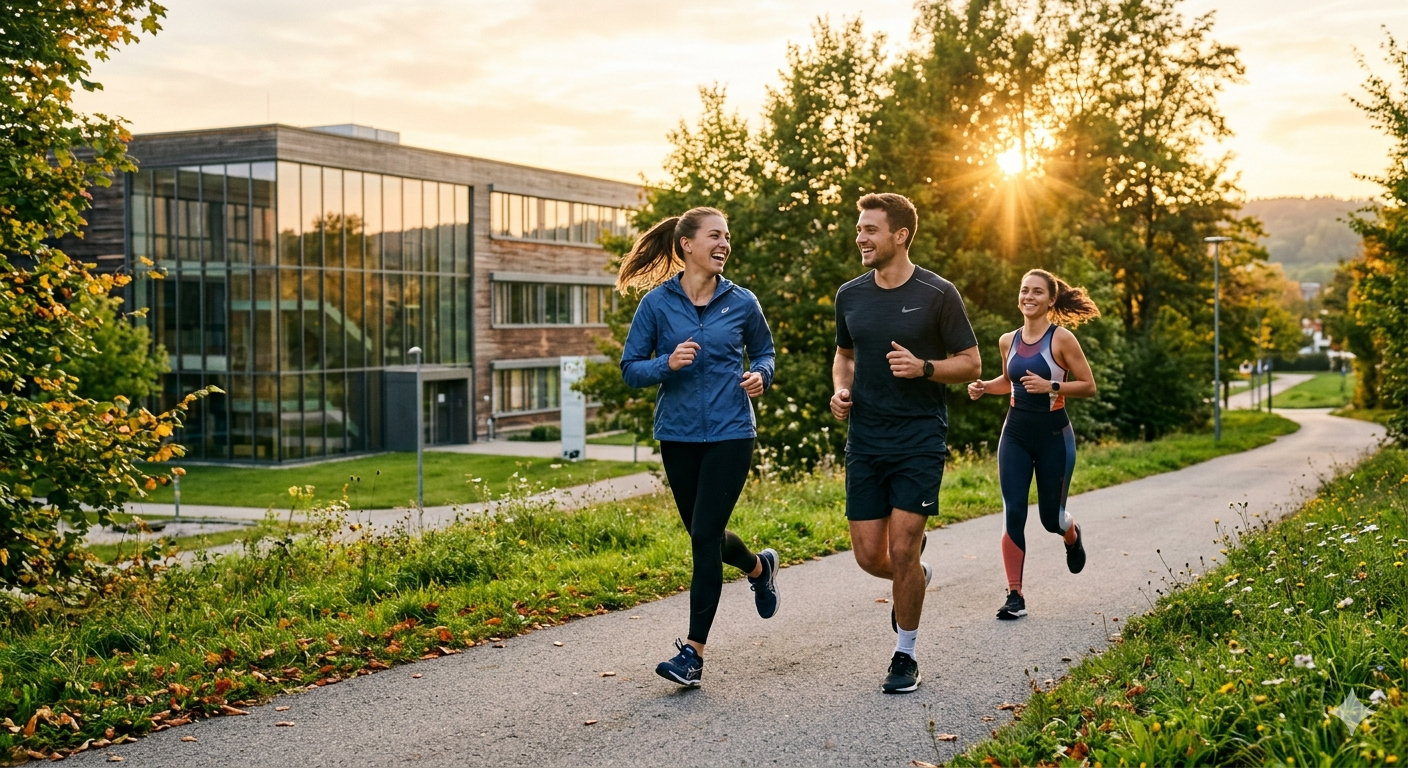 Drei junge, motivierte Sportler beim Laufen Hagenberg auf einem Weg im Schlosspark während der Golden Hour. Im Hintergrund ist das moderne Gebäude der FH Hagenberg zu sehen – ein perfektes Beispiel für das vielseitige Sportangebot Hagenberg.