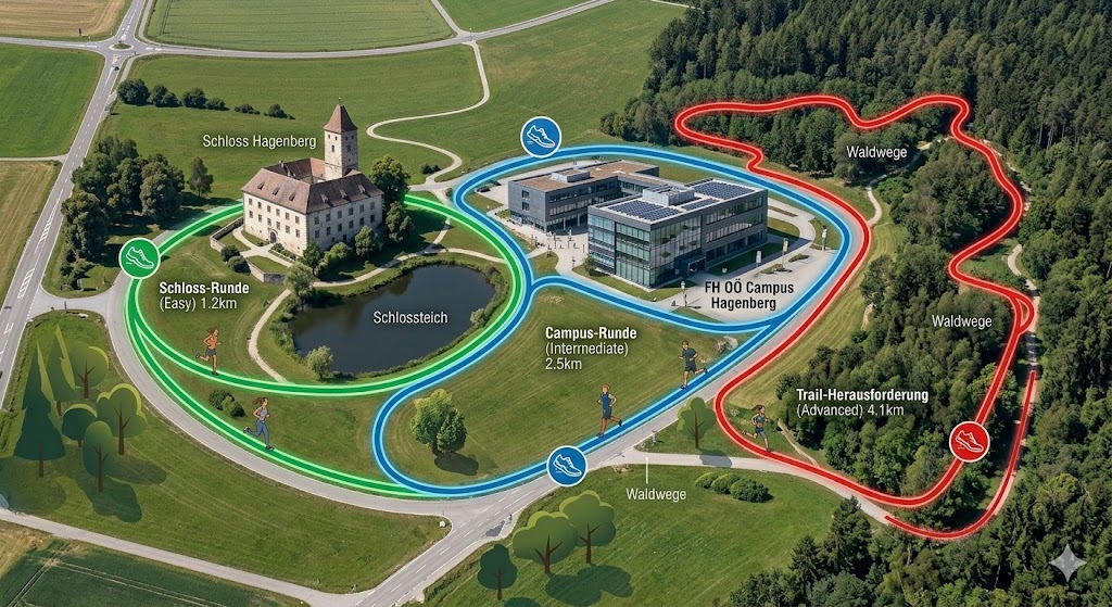 Realistische Luftaufnahme von Hagenberg im Mühlviertel mit markierten Laufstrecken. Zu sehen sind das Schloss Hagenberg und der FH OÖ Campus. Eingeblendet sind drei farbige Routen für das Sportangebot Hagenberg: die grüne Schloss-Runde (Easy, 1.2 km), die blaue Campus-Runde (Intermediate, 2.5 km) und die rote Trail-Herausforderung (Advanced, 4.1 km) durch Waldwege. Ideal für Laufen Hagenberg und Outdoor-Fitness.