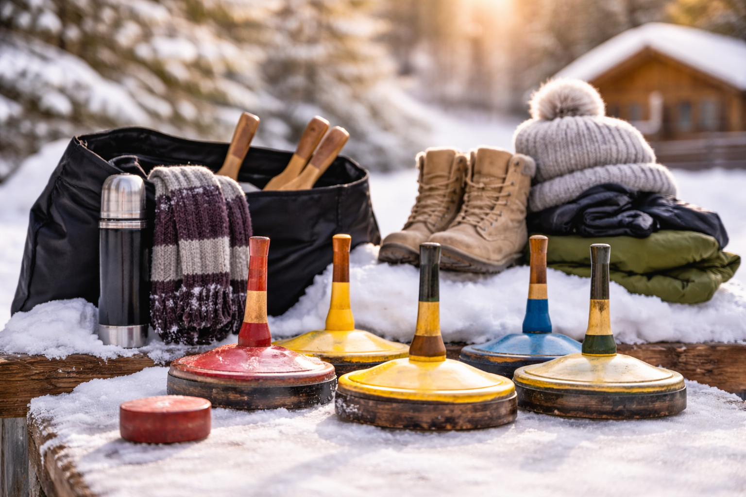 Ausrüstung für Eisstockschießen Hagenberg mit Eisstöcken, Winterkleidung und Zubehör im Schnee