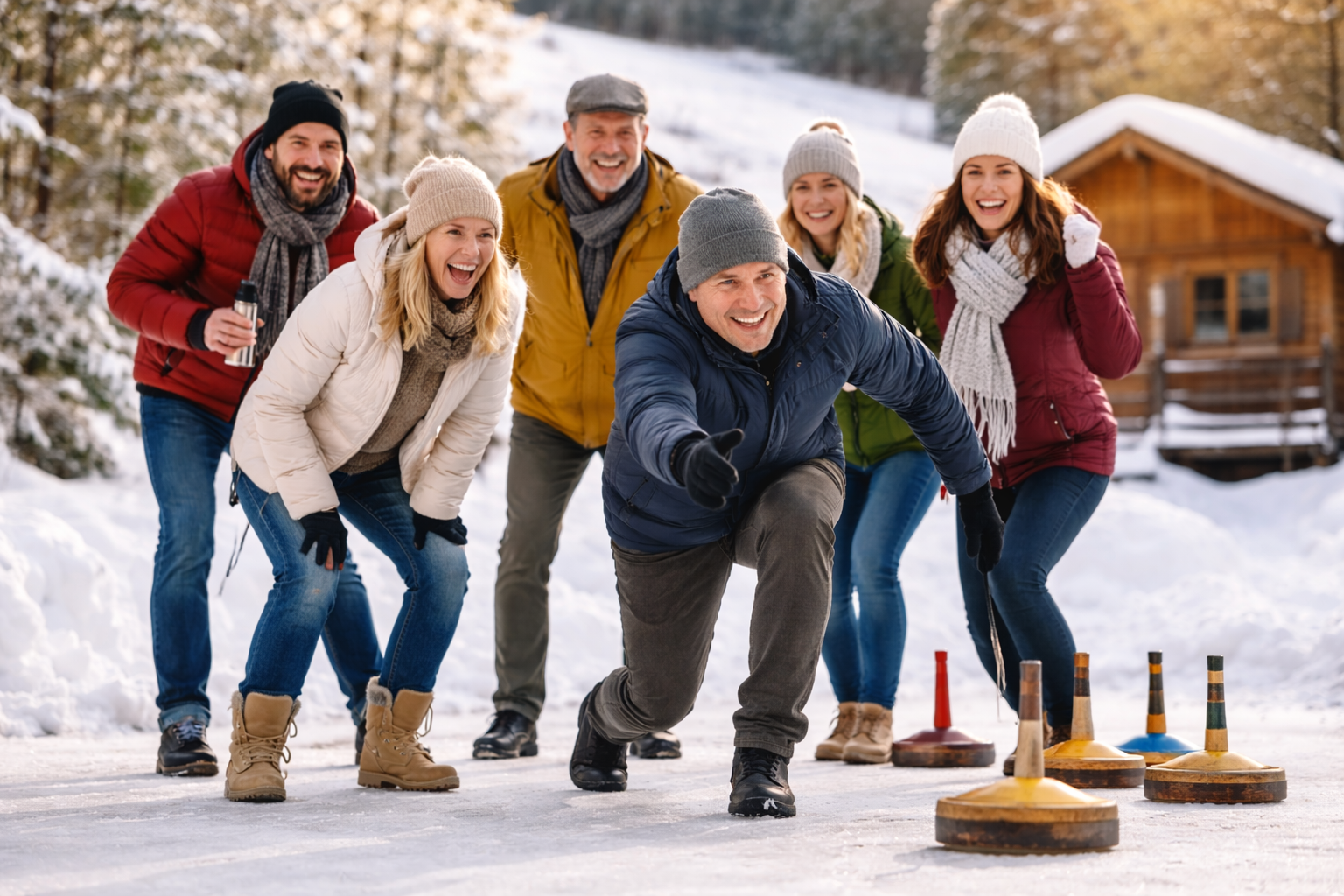 Gruppe von Erwachsenen beim Eisstockschießen Hagenberg auf winterlicher Eisbahn mit gemeinsamer Aktivität im Freien