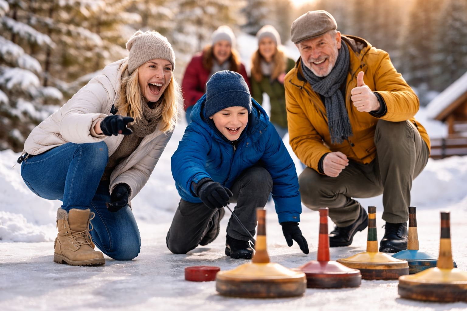 Jung und Alt spielen gemeinsam Eisstockschießen Hagenberg auf vereister Fläche in winterlicher Umgebung