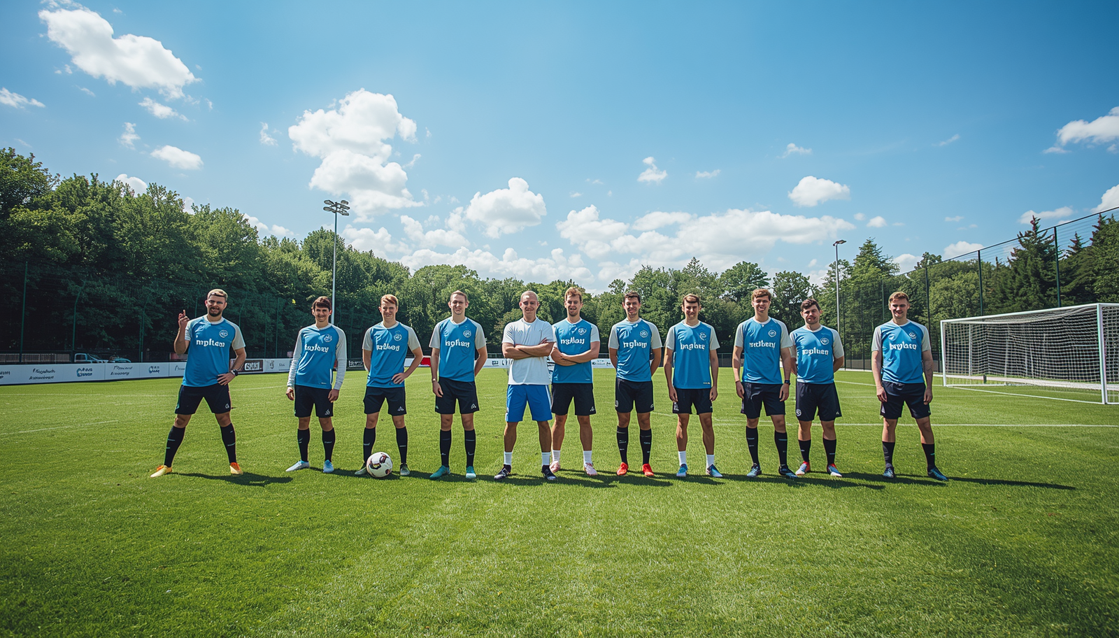 Eine Fußballmannschaft in blauen Trikots steht aufgestellt für ein Teamfoto auf einem grünen Rasenplatz unter blauem Himmel.