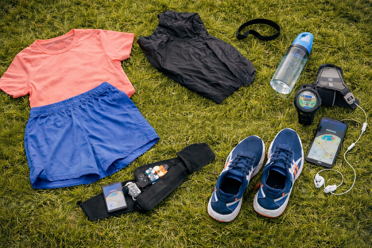 Laufbekleidung, Laufschuhe und Zubehör wie Trinkflasche, Sportuhr und Smartphone für Laufen Hagenberg auf Wiese ausgelegt