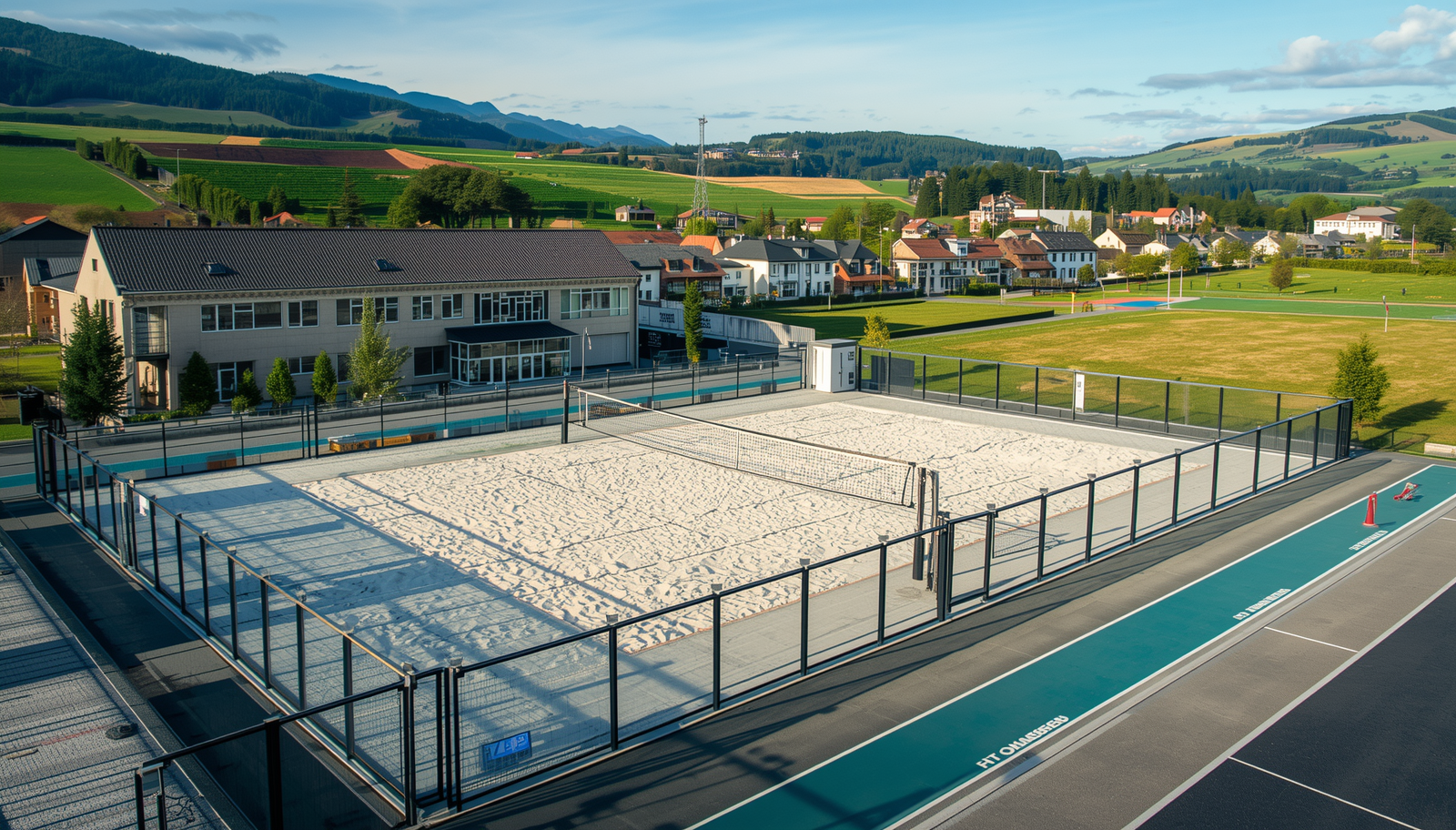 Ein modernes Outdoor-Spielfeld für Beachvolley Hagenberg mit feinem weißen Sand, umgeben von einem dunklen Schutzzaun. Im Hintergrund sieht man Wohngebäude und bewaldete grüne Hügel, die die idyllische Lage vom Sportangebot Hagenberg unterstreichen.