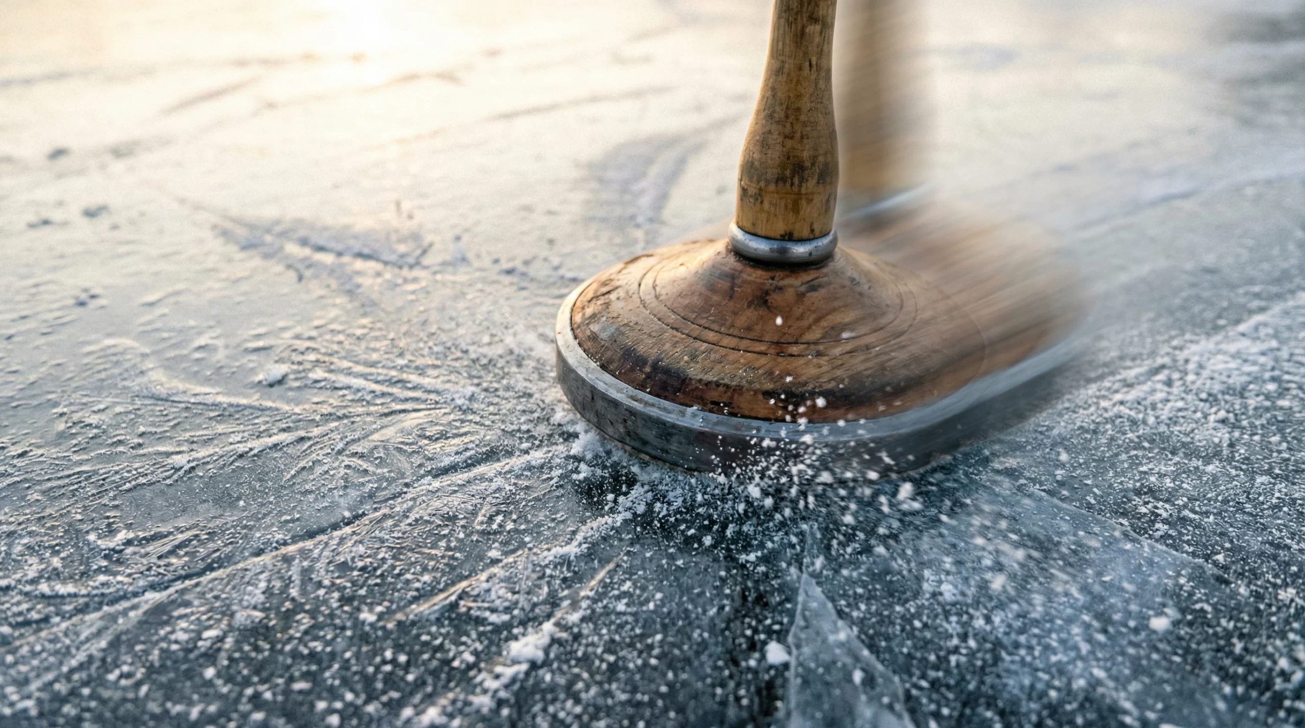 Detailansicht vom Eisstockschießen Hagenberg: Ein gleitender Eisstock wirbelt Kristalle auf der Eisbahn auf.