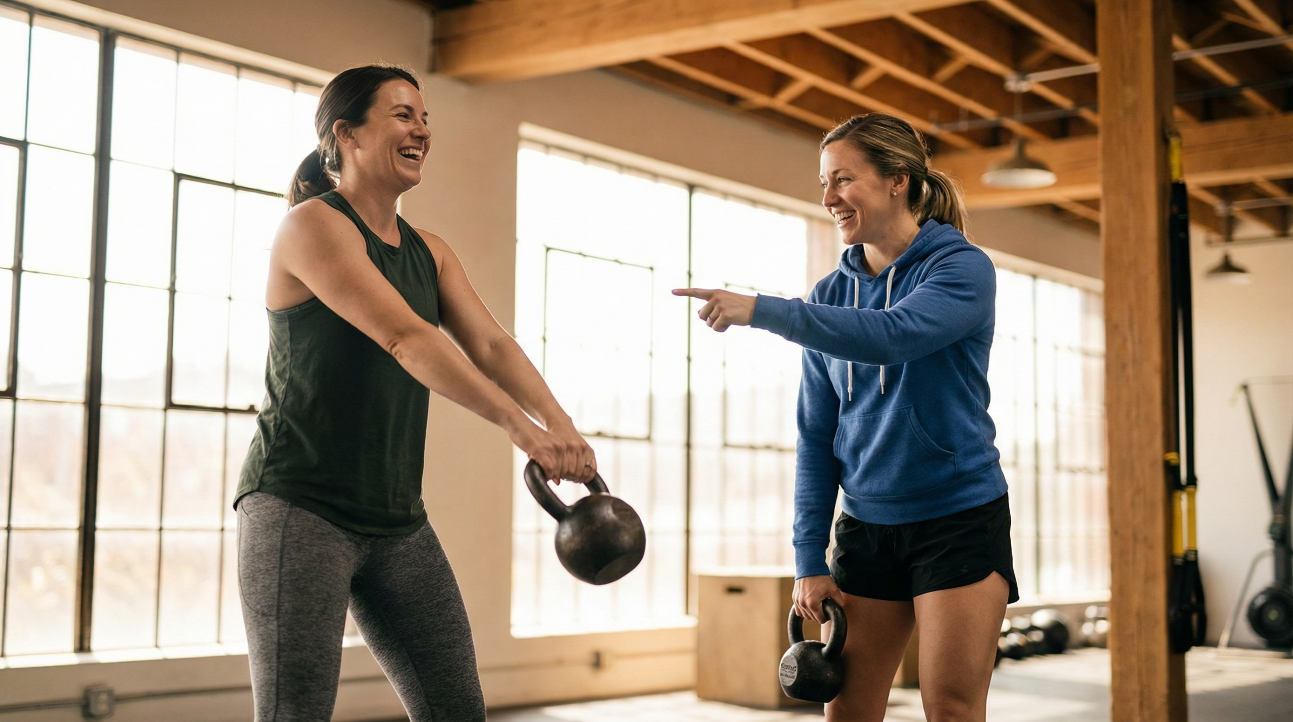 Zwei Sportlerinnen trainieren gemeinsam mit Gewichten bei Fitness Hagenberg