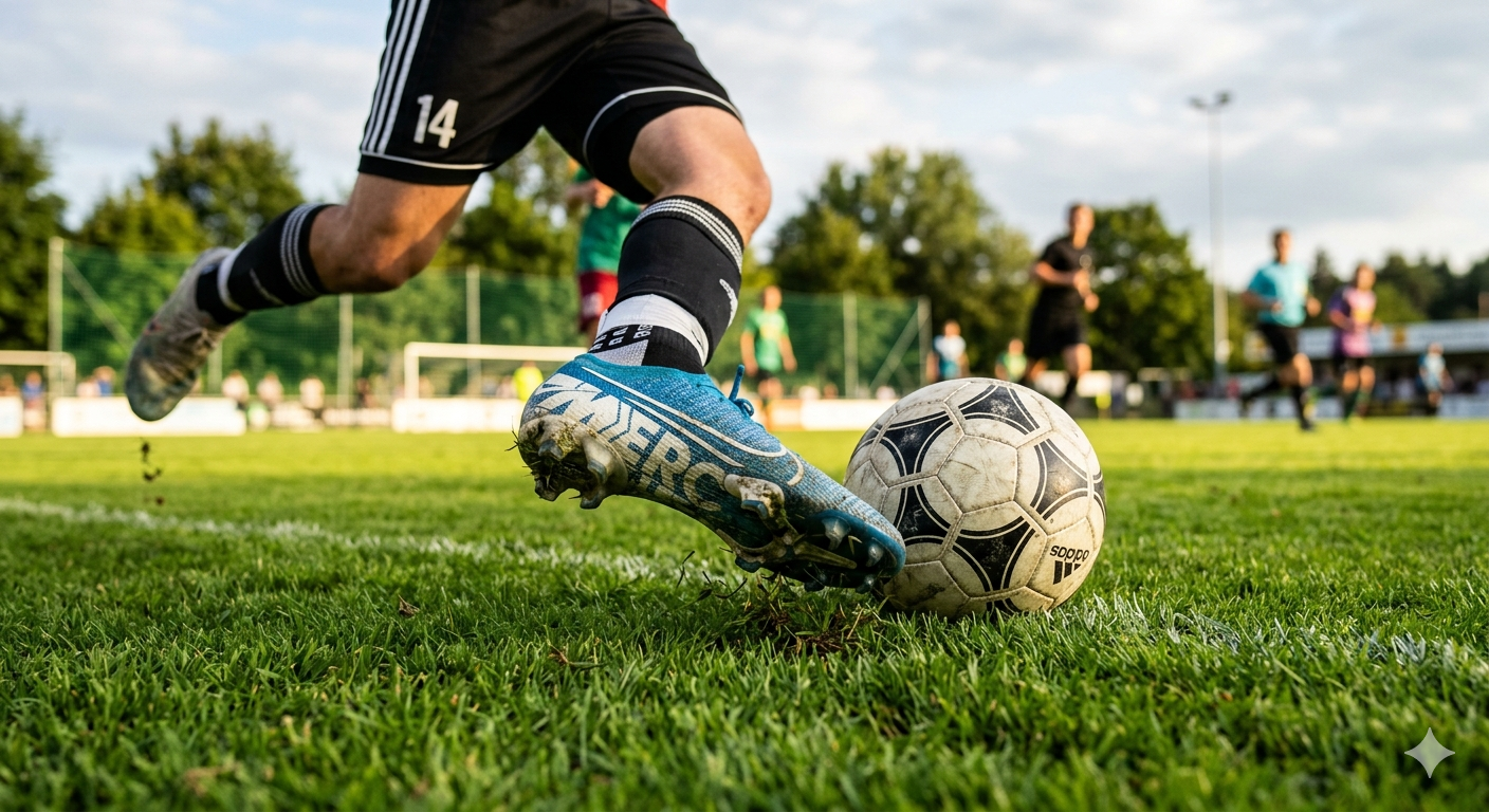 Dynamische Spielszene von Fussball Hagenberg: Nahaufnahme eines Fußtritts gegen einen Fußball auf Rasen.