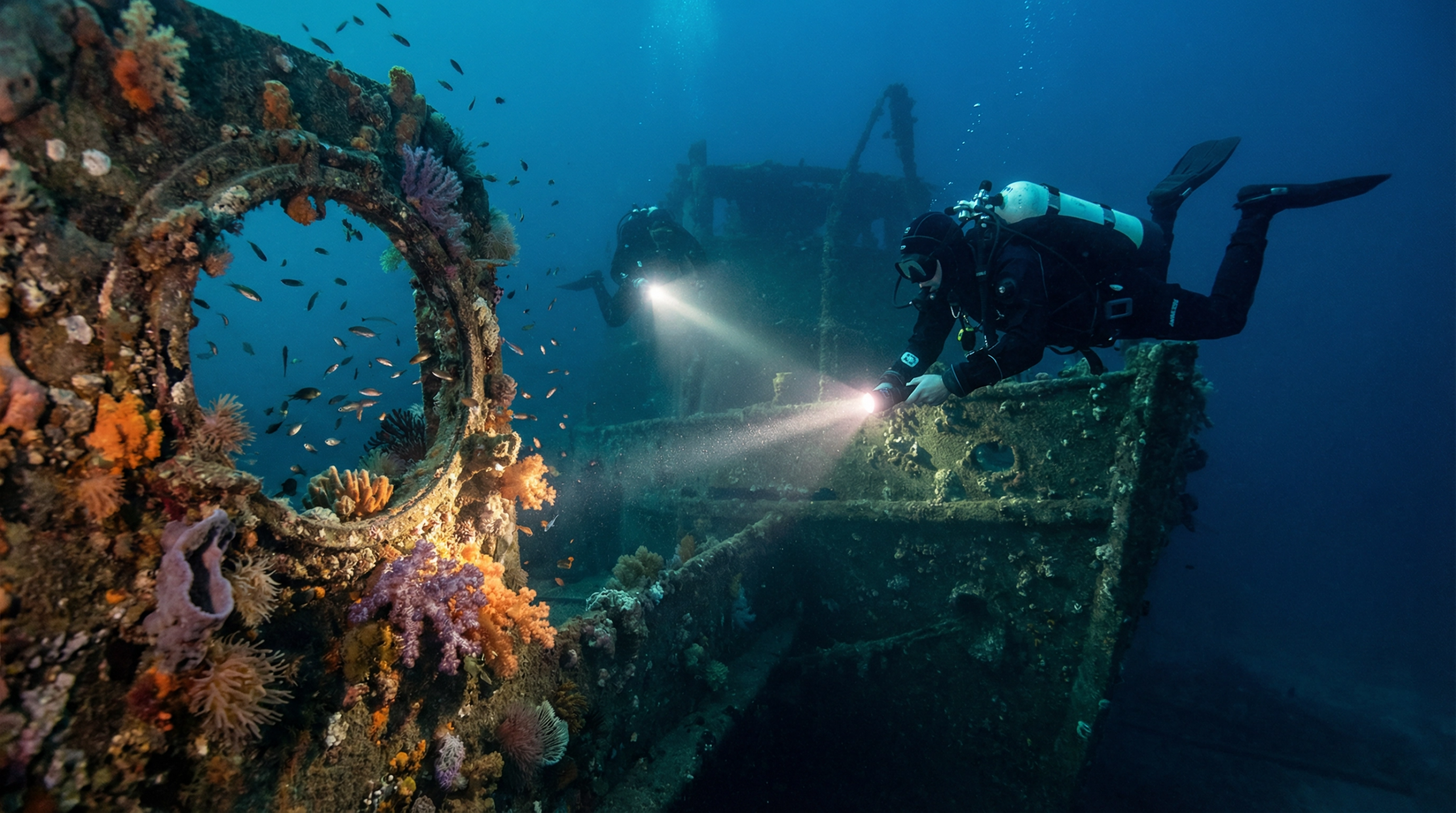 Faszinierendes Schiffswracktauchen beim Scuba Diving Hagenberg; zwei Taucher*innen schauen sich ein Wrack an