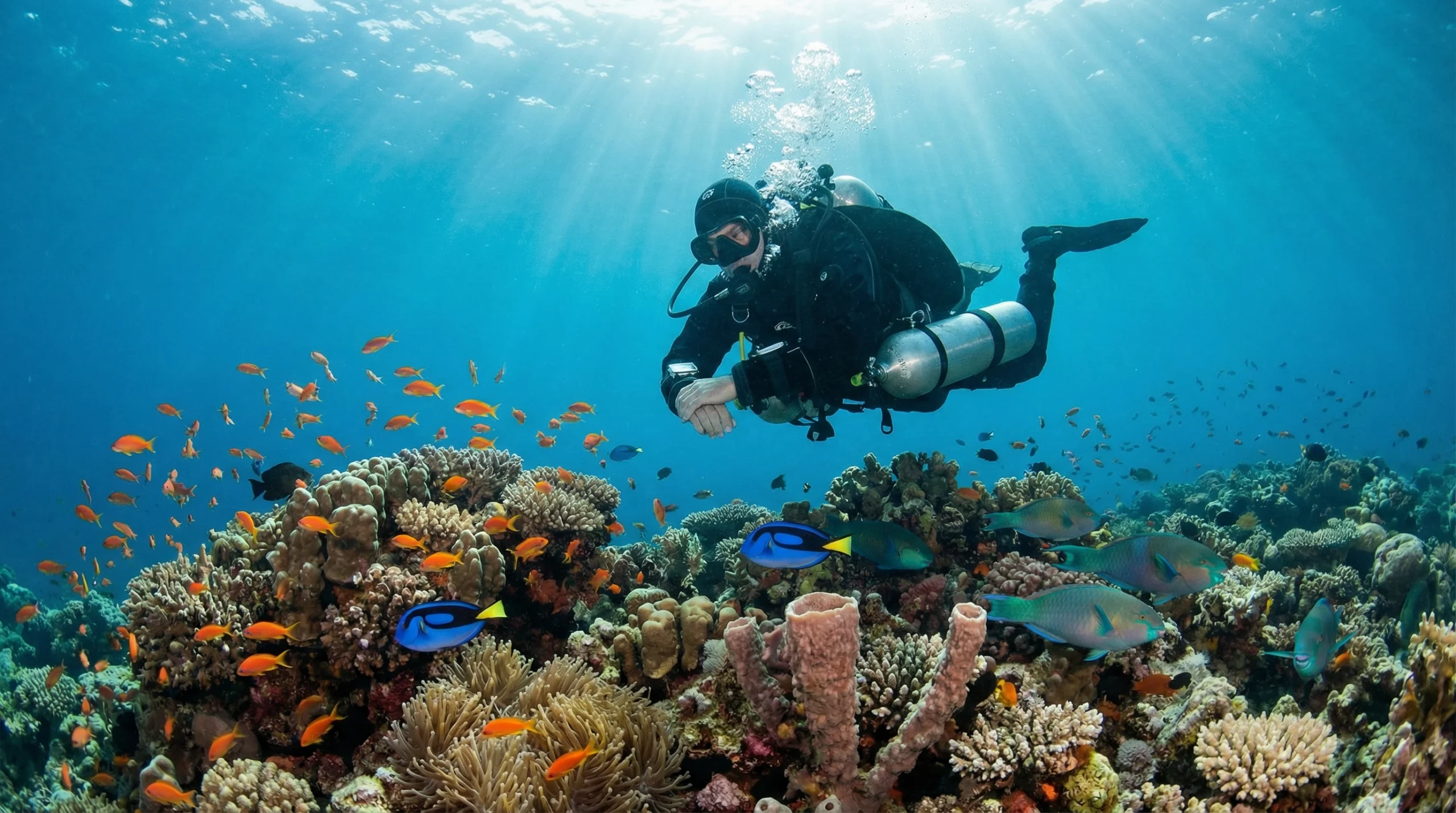 Faszinierendes Scuba Diving Hagenberg: Ein Sportler taucht in klarem Wasser über einem Korallenriff voller kleiner Fische.