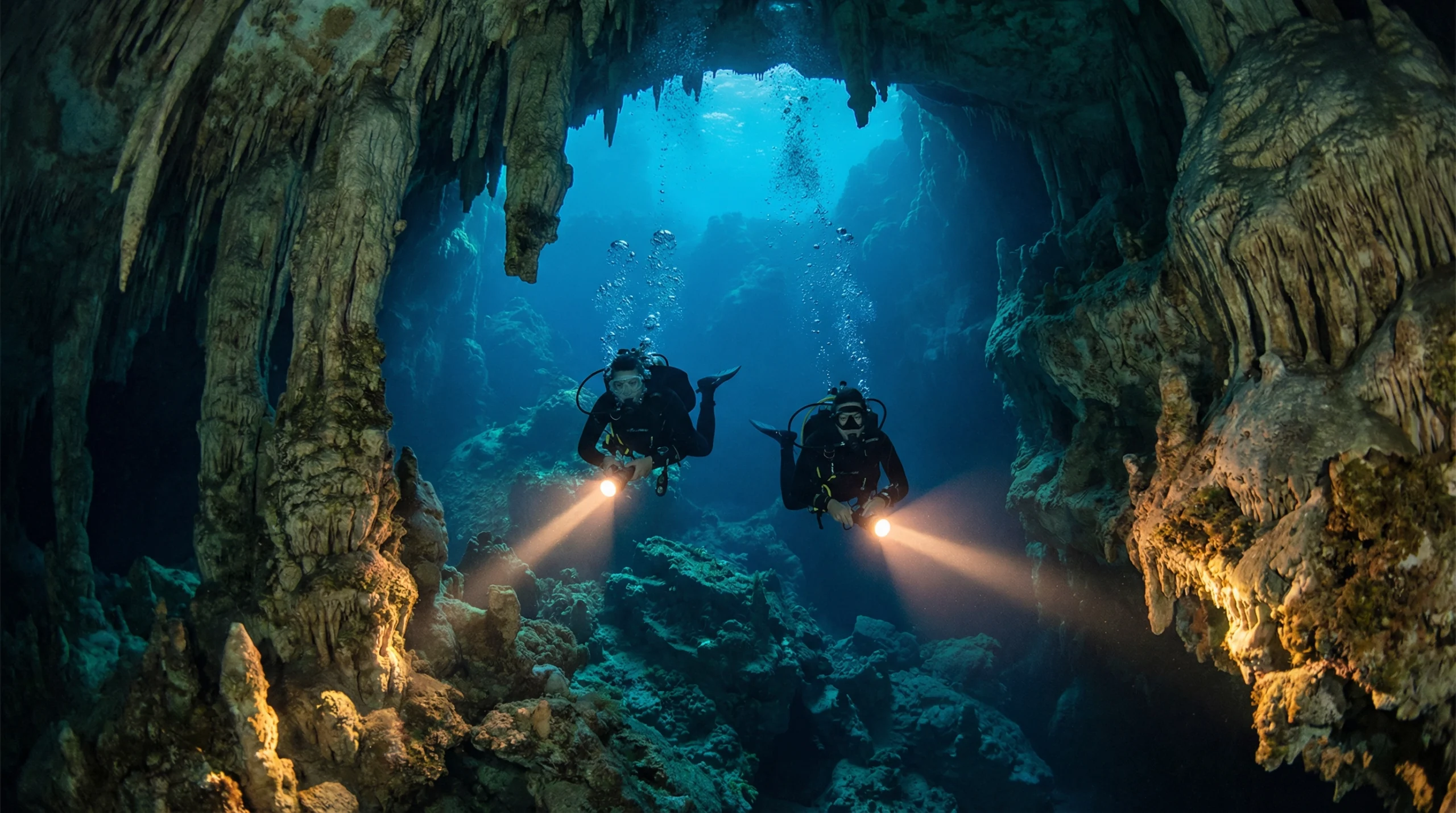 Faszinierendes Höhlentauchen: Zwei Sportler beim Scuba Diving Hagenberg in einer blauen Tropfsteinhöhle. Ein Highlight aus dem vielseitigen Sportangebot Hagenberg.